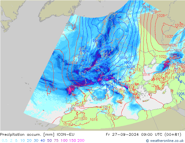 Precipitation accum. ICON-EU пт 27.09.2024 09 UTC