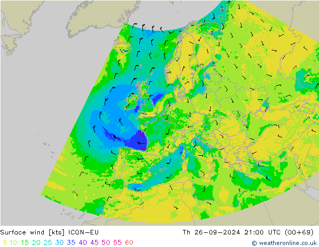 Surface wind ICON-EU Th 26.09.2024 21 UTC