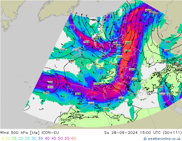 Vento 500 hPa ICON-EU Sáb 28.09.2024 15 UTC