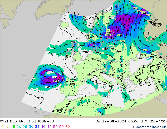 Rüzgar 850 hPa ICON-EU Paz 29.09.2024 00 UTC