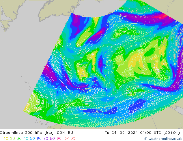 Streamlines 300 hPa ICON-EU Tu 24.09.2024 01 UTC