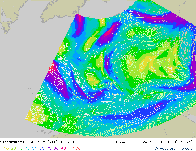 Streamlines 300 hPa ICON-EU Tu 24.09.2024 06 UTC