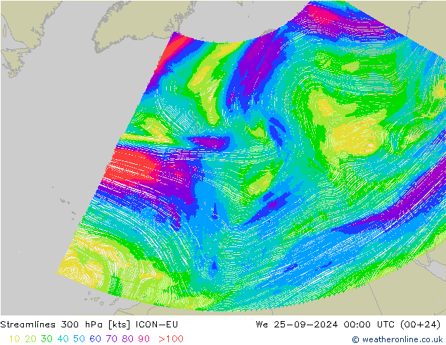 Linia prądu 300 hPa ICON-EU śro. 25.09.2024 00 UTC