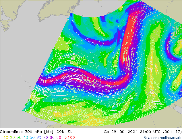 Stromlinien 300 hPa ICON-EU Sa 28.09.2024 21 UTC