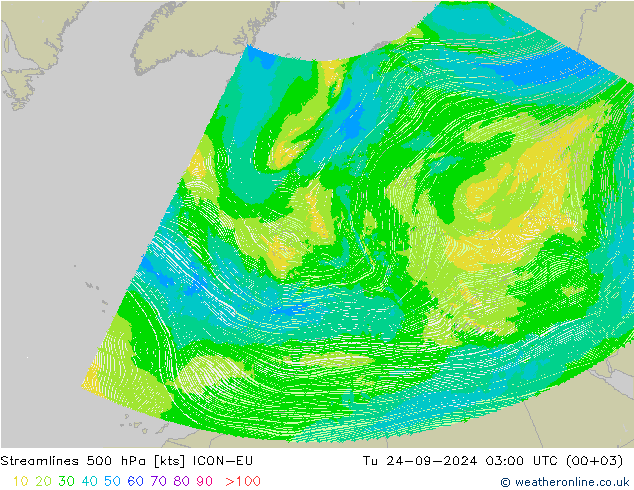 Línea de corriente 500 hPa ICON-EU mar 24.09.2024 03 UTC