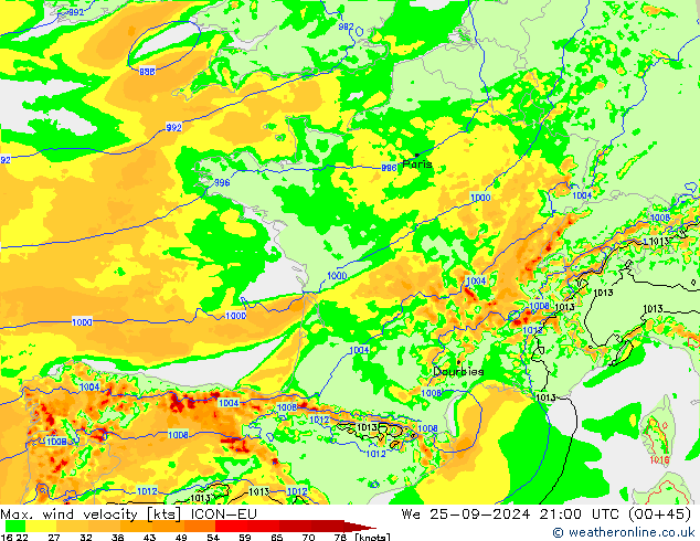 Max. wind velocity ICON-EU ср 25.09.2024 21 UTC