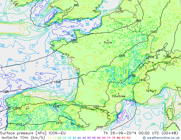 Isotachs (kph) ICON-EU чт 26.09.2024 00 UTC