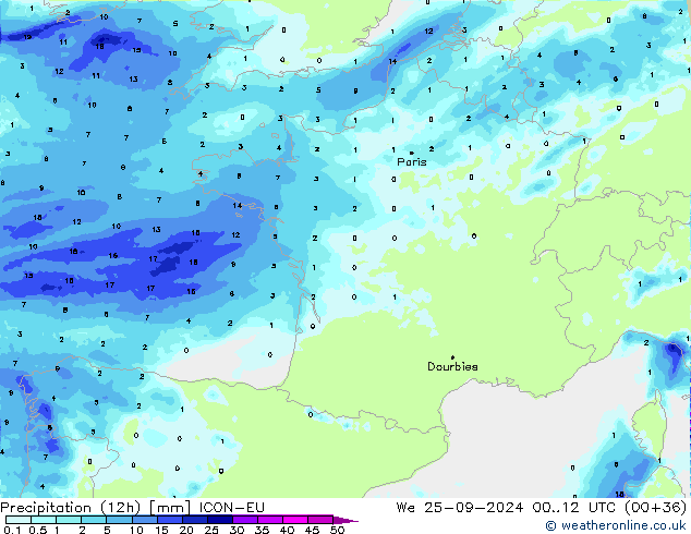 Precipitación (12h) ICON-EU mié 25.09.2024 12 UTC