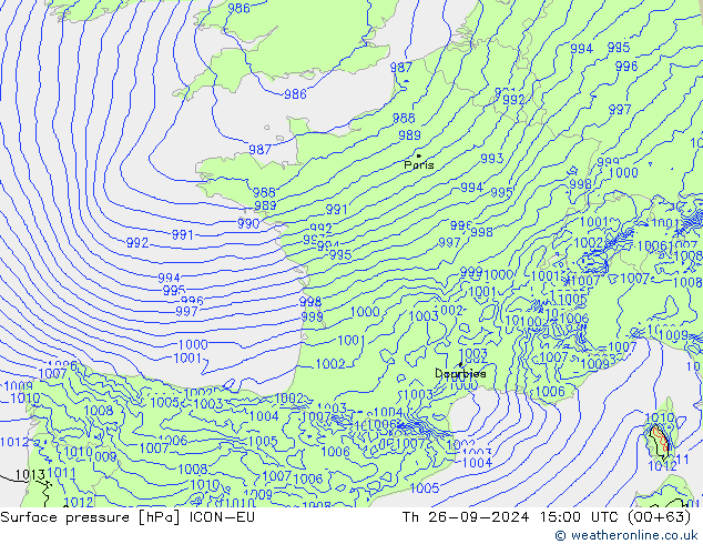 Surface pressure ICON-EU Th 26.09.2024 15 UTC