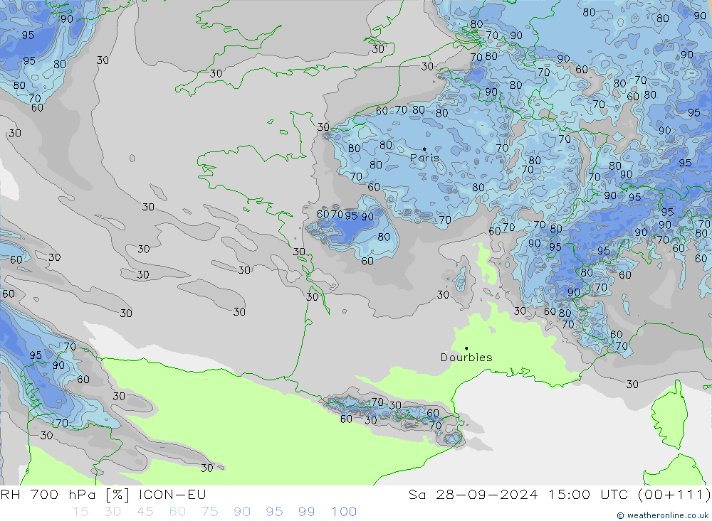 RH 700 hPa ICON-EU sab 28.09.2024 15 UTC