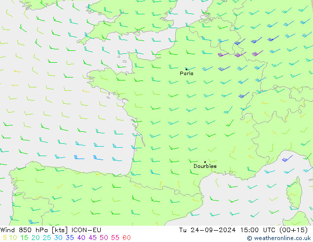 Vento 850 hPa ICON-EU mar 24.09.2024 15 UTC