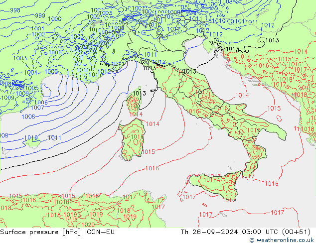 Surface pressure ICON-EU Th 26.09.2024 03 UTC