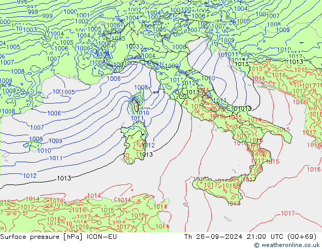 pressão do solo ICON-EU Qui 26.09.2024 21 UTC