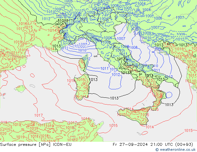 Surface pressure ICON-EU Fr 27.09.2024 21 UTC