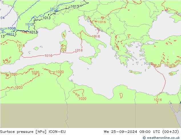 Yer basıncı ICON-EU Çar 25.09.2024 09 UTC