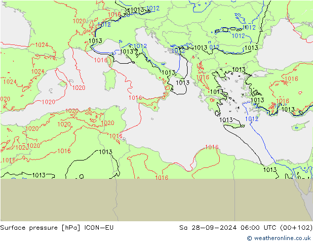 Surface pressure ICON-EU Sa 28.09.2024 06 UTC