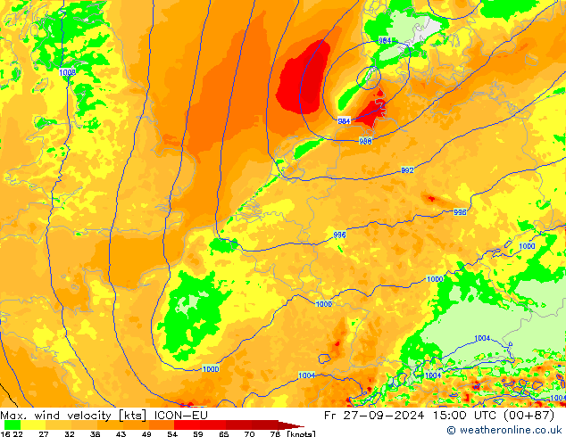 Maks. Rüzgar Hızı ICON-EU Cu 27.09.2024 15 UTC