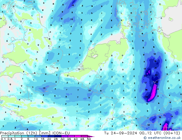 Precipitation (12h) ICON-EU Tu 24.09.2024 12 UTC