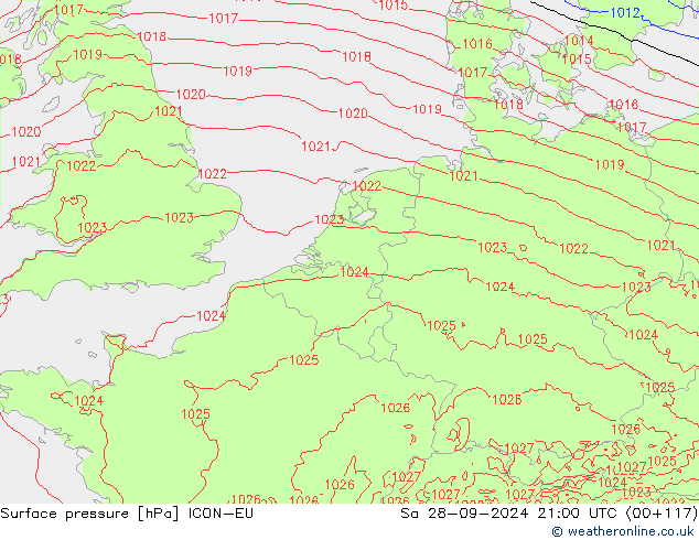 Presión superficial ICON-EU sáb 28.09.2024 21 UTC