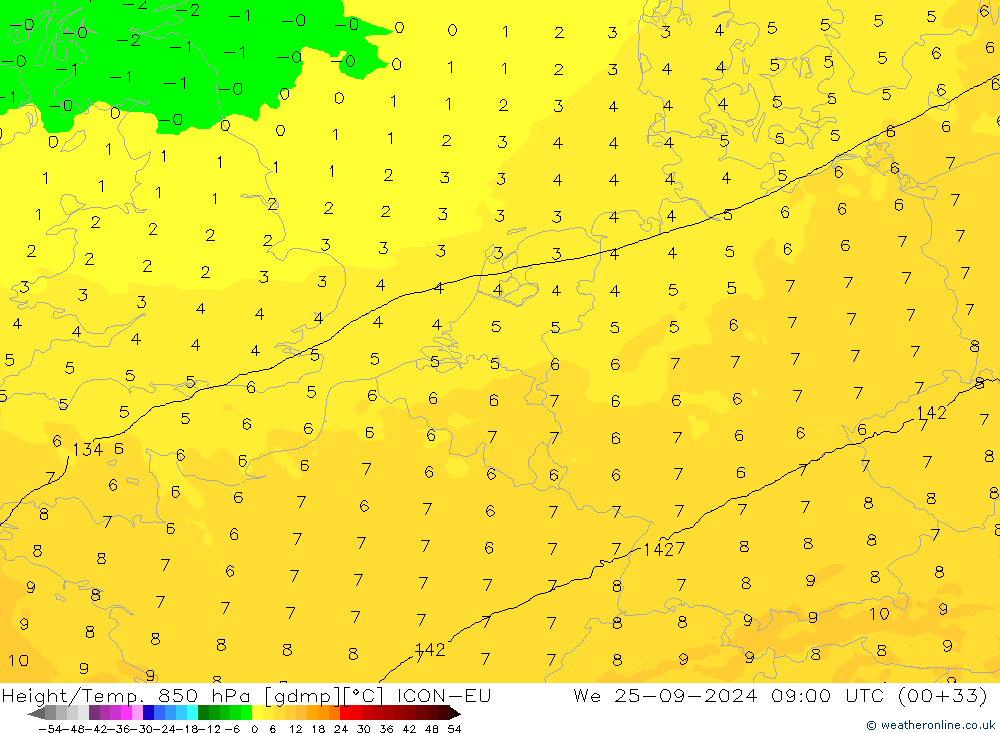 Height/Temp. 850 гПа ICON-EU ср 25.09.2024 09 UTC