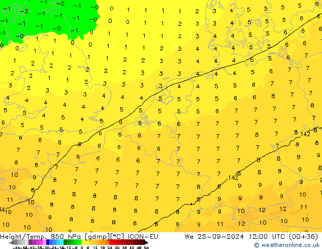 Yükseklik/Sıc. 850 hPa ICON-EU Çar 25.09.2024 12 UTC