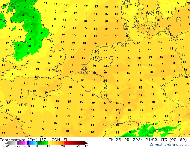 Temperature (2m) ICON-EU Čt 26.09.2024 21 UTC