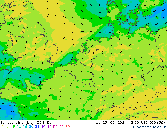 Vento 10 m ICON-EU mer 25.09.2024 15 UTC