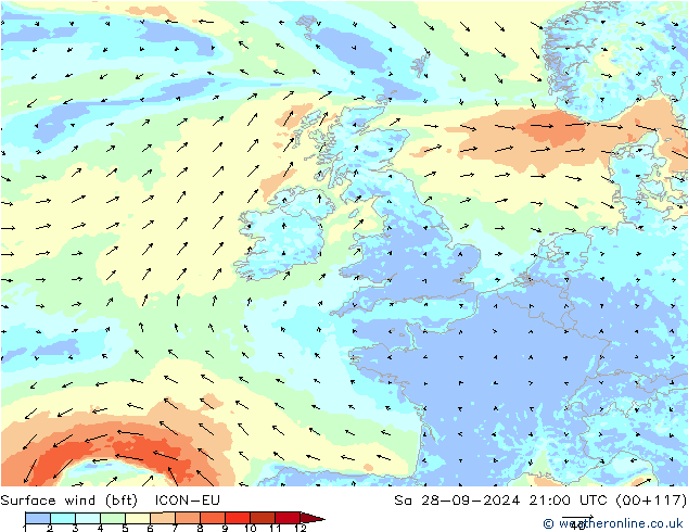 Rüzgar 10 m (bft) ICON-EU Cts 28.09.2024 21 UTC