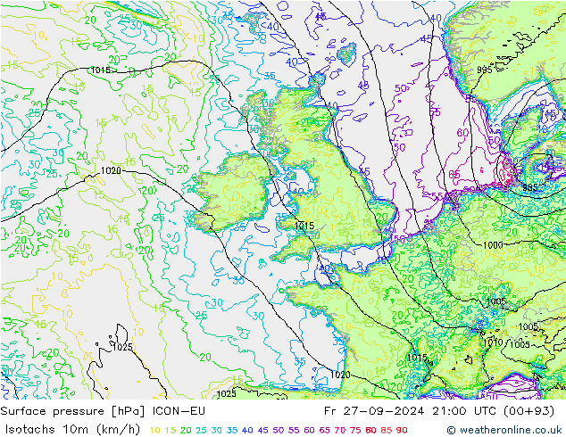 Isotachs (kph) ICON-EU Fr 27.09.2024 21 UTC