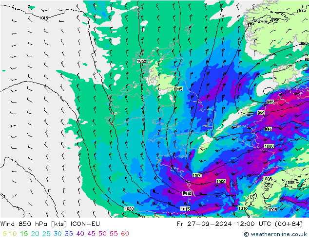 Wind 850 hPa ICON-EU Fr 27.09.2024 12 UTC