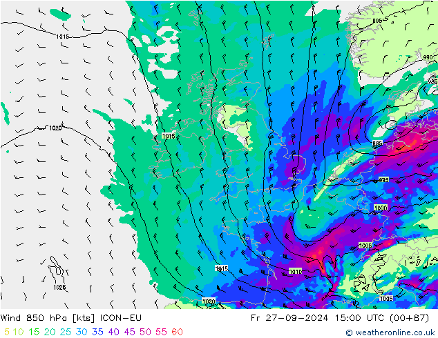 wiatr 850 hPa ICON-EU pt. 27.09.2024 15 UTC