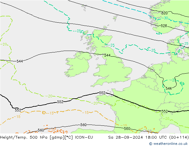 Hoogte/Temp. 500 hPa ICON-EU za 28.09.2024 18 UTC