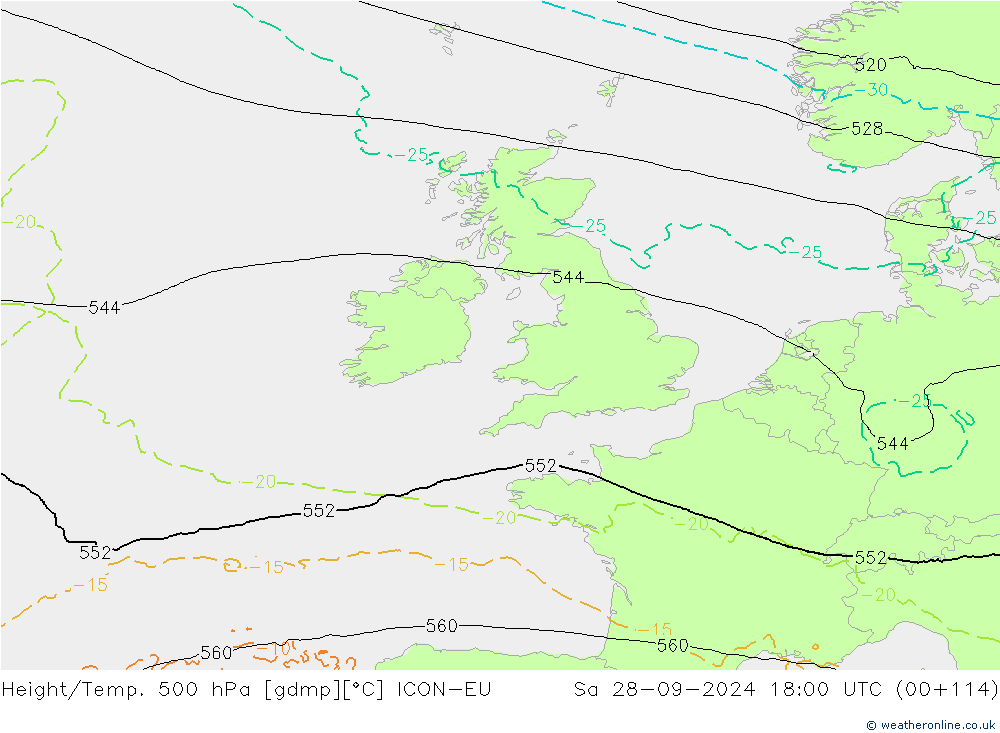 Height/Temp. 500 hPa ICON-EU Sa 28.09.2024 18 UTC