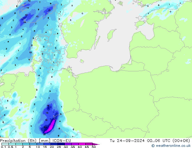 Precipitation (6h) ICON-EU Tu 24.09.2024 06 UTC