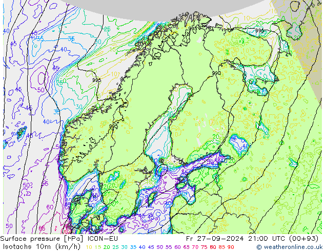 Isotachs (kph) ICON-EU пт 27.09.2024 21 UTC