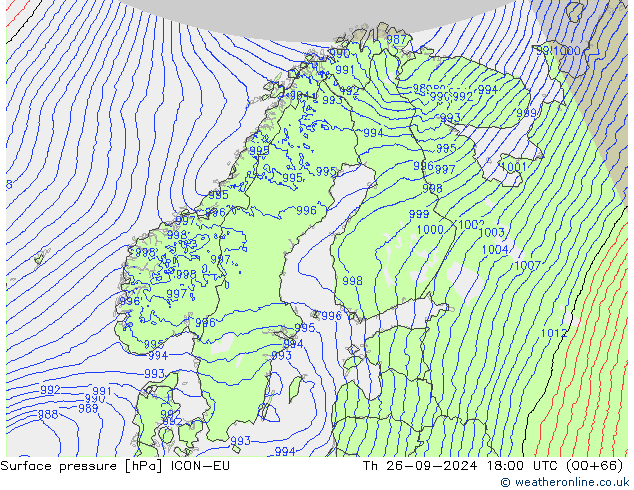 Surface pressure ICON-EU Th 26.09.2024 18 UTC