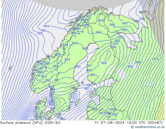 pression de l'air ICON-EU ven 27.09.2024 15 UTC