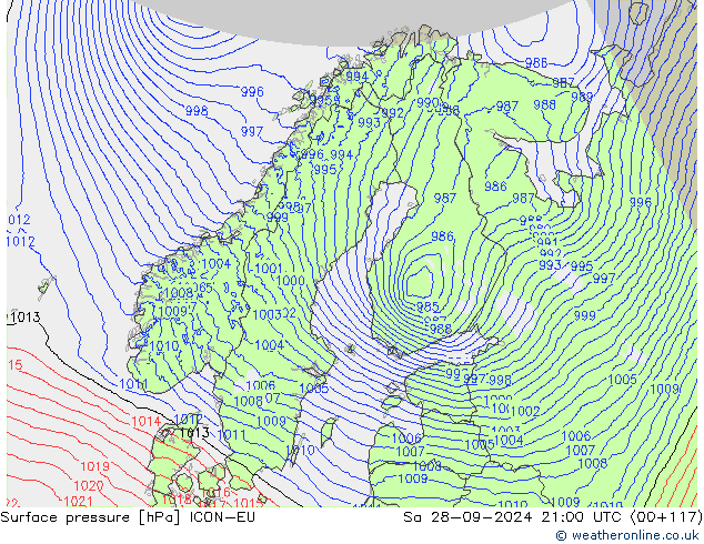 Atmosférický tlak ICON-EU So 28.09.2024 21 UTC