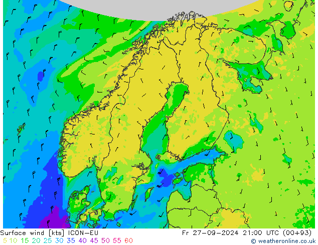 Surface wind ICON-EU Fr 27.09.2024 21 UTC