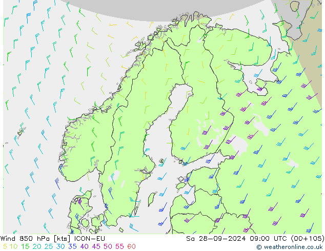 wiatr 850 hPa ICON-EU so. 28.09.2024 09 UTC