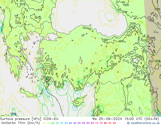 Isotachs (kph) ICON-EU mer 25.09.2024 15 UTC