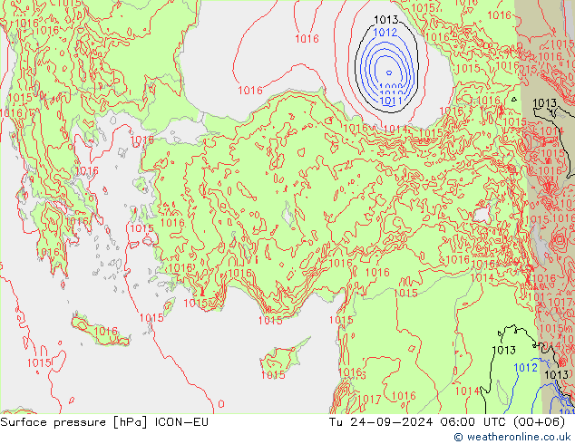 Surface pressure ICON-EU Tu 24.09.2024 06 UTC