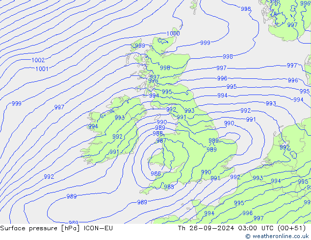 Surface pressure ICON-EU Th 26.09.2024 03 UTC