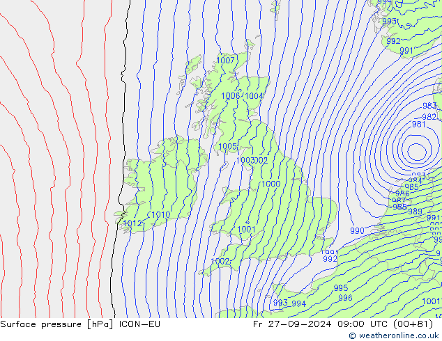 Surface pressure ICON-EU Fr 27.09.2024 09 UTC