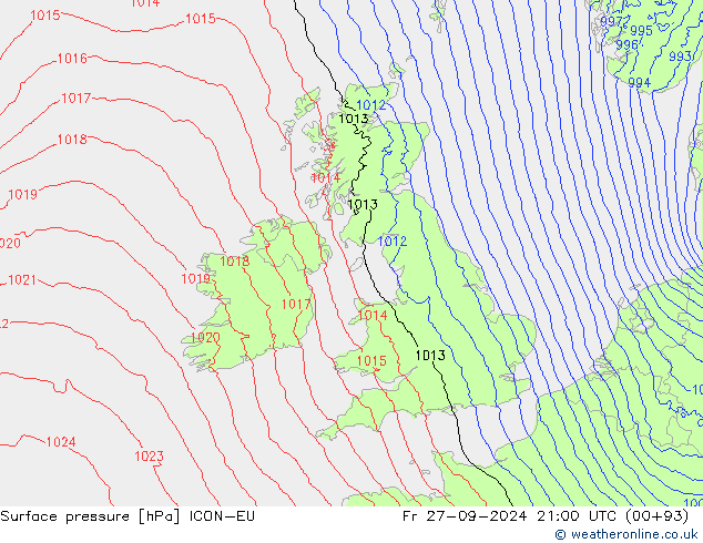 Surface pressure ICON-EU Fr 27.09.2024 21 UTC