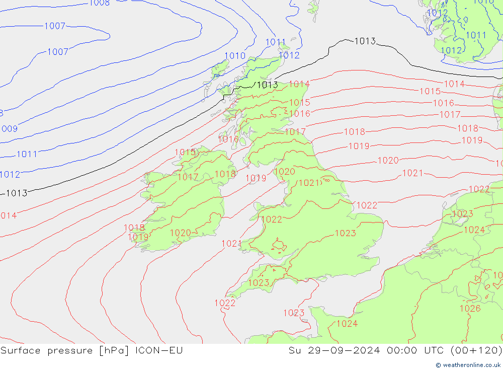 Surface pressure ICON-EU Su 29.09.2024 00 UTC