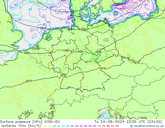 Isotachs (kph) ICON-EU mar 24.09.2024 23 UTC