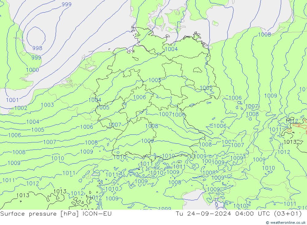 Surface pressure ICON-EU Tu 24.09.2024 04 UTC