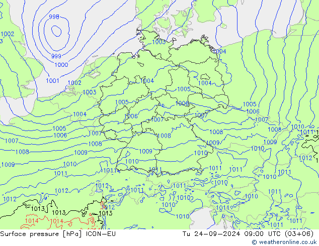 Surface pressure ICON-EU Tu 24.09.2024 09 UTC