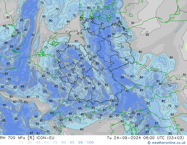 RH 700 hPa ICON-EU Tu 24.09.2024 06 UTC